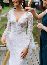 V-Neck Long Sleeves Floor-Length Lace Wedding Dress-Dbrbridal