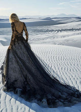 V-Neck Long Sleeves Lace Tulle Court Train Wedding Dresses Lace-Dbrbridal