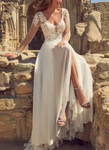 V-Neck Long Sleeves Lace Tulle Wedding Dress Split Front-Dbrbridal