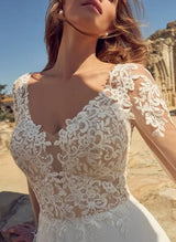 V-Neck Long Sleeves Lace Tulle Wedding Dress Split Front-Dbrbridal