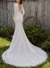 V-Neck Long Sleeves Lace Wedding Dresses High Split-Dbrbridal