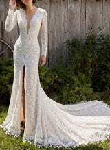 V-Neck Long Sleeves Lace Wedding Dresses High Split-Dbrbridal