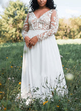 V-Neck Long Sleeves Plus Size Lace Tulle Wedding Dresses Split Front-Dbrbridal