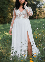V-Neck Long Sleeves Plus Size Lace Tulle Wedding Dresses Split Front-Dbrbridal