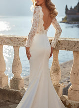 V-Neck Long Sleeves Satin Lace Sweep Train Wedding Dress-Dbrbridal