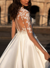 V-Neck Long Sleeves Satin Wedding Dresses Appliques Lace-Dbrbridal