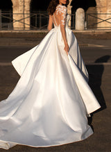 V-Neck Long Sleeves Satin Wedding Dresses Appliques Lace-Dbrbridal