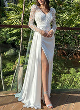 V-Neck Long Sleeves Silk Like Satin Wedding Dresses Lace-Dbrbridal