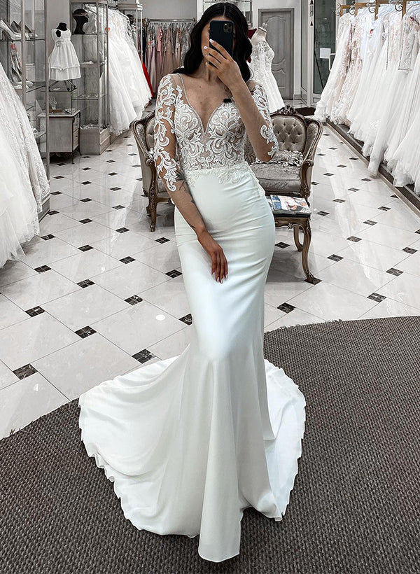 V-Neck Long Sleeves Sweep Train Lace Satin Wedding Dresses-Dbrbridal