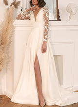 V-Neck Long Sleeves Sweep Train Satin Wedding Dresses Lace-Dbrbridal