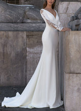 V-Neck Long Sleeves Sweep Train Wedding Dresses-Dbrbridal