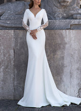 V-Neck Long Sleeves Sweep Train Wedding Dresses-Dbrbridal