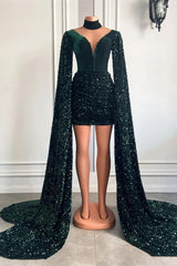V-Neck Ruffle Long Sleeves Short Prom Dresses in Forest Green-Dbrbridal