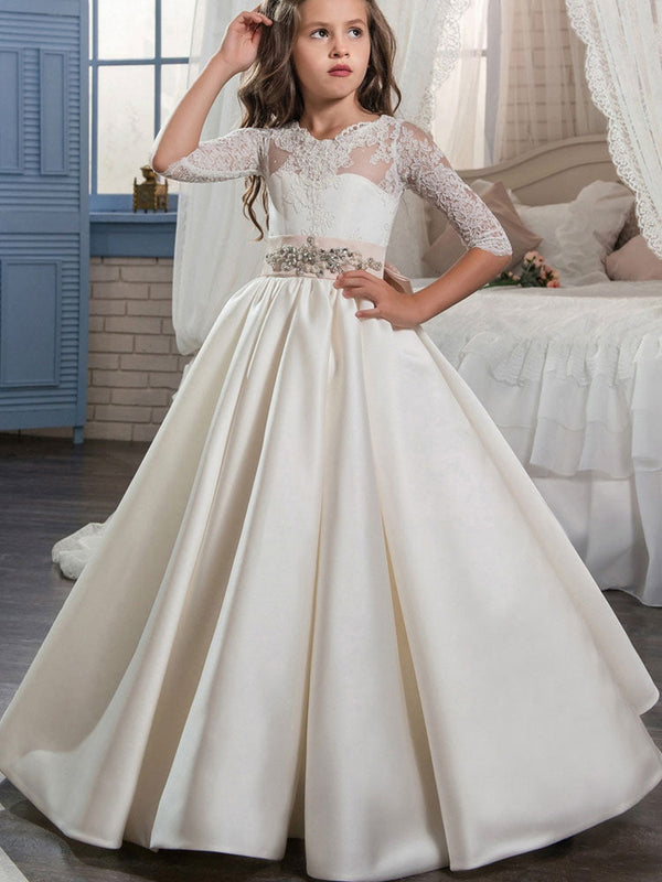 V-Neck Satin Fabric Half Sleeves Floor Length Princess Bows Kids Party Dresses-Dbrbridal