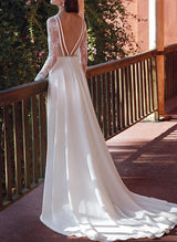 V Neck Satin Lace Court Train Wedding Dresses Lace-Dbrbridal