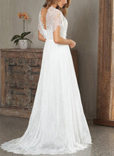 V-Neck Sleeveless Lace Wedding Dress Chic A-line Silhouette Sweep Train-Dbrbridal