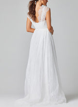 V-Neck Sleeveless Lace Wedding Dress Chic A-line Silhouette Sweep Train-Dbrbridal
