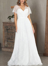 V-Neck Sleeveless Lace Wedding Dress Chic A-line Silhouette Sweep Train-Dbrbridal