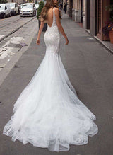 V-Neck Sleeveless Mermaid Fitted Court Train Lace Tulle Wedding Dresses-Dbrbridal