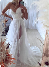 V-Neck Sleeveless Summer Beach Wedding Dress Sweep Train Split Front-Dbrbridal