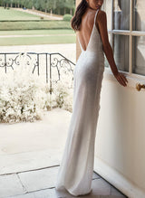 V-Neck Sleeveless Sweep Train Sequined Wedding Dress Front Split-Dbrbridal