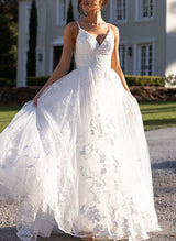 V-Neck Sleeveless Tulle Wedding Dresses Appliques Lace-Dbrbridal