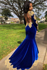 Velvet Long Sleevess Mermaid Front Split Gold Apliques Formal Dresses Royal Blue-Dbrbridal