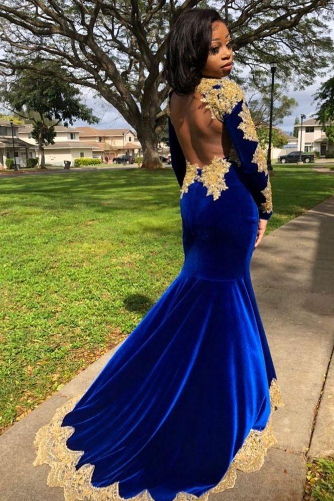 Velvet Long Sleevess Mermaid Front Split Gold Apliques Formal Dresses Royal Blue-Dbrbridal