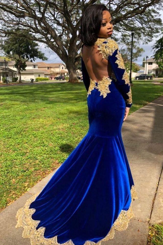 Velvet Long Sleevess Mermaid Front Split Gold Apliques Formal Dresses Royal Blue-Dbrbridal