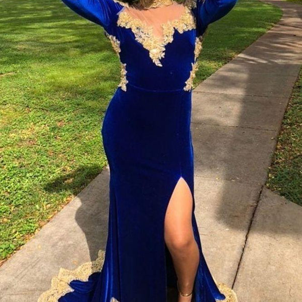 royal blue velvet prom dress Royal Blue Beaded Velvet Prom Dress with Cold Sleeves FancyVestido