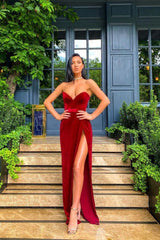 Velvet Sweetheart Front Split Evening Party Gowns Sleeveless Formal Dresses-Dbrbridal