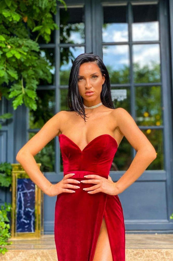 Velvet Sweetheart Front Split Evening Party Gowns Sleeveless Formal Dresses-Dbrbridal