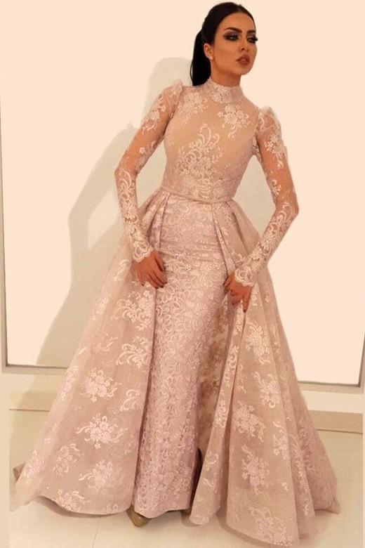 Vintage A-Line Lace Prom Dresses High-Neck Long Sleeves Detachable Skirt Evening Dresses-Dbrbridal