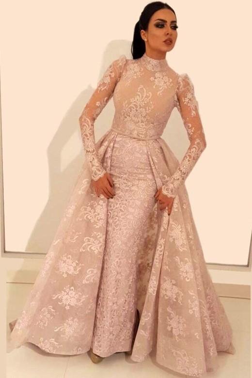 Vintage A-Line Lace Prom Dresses High-Neck Long Sleeves Detachable Skirt Evening Dresses-Dbrbridal