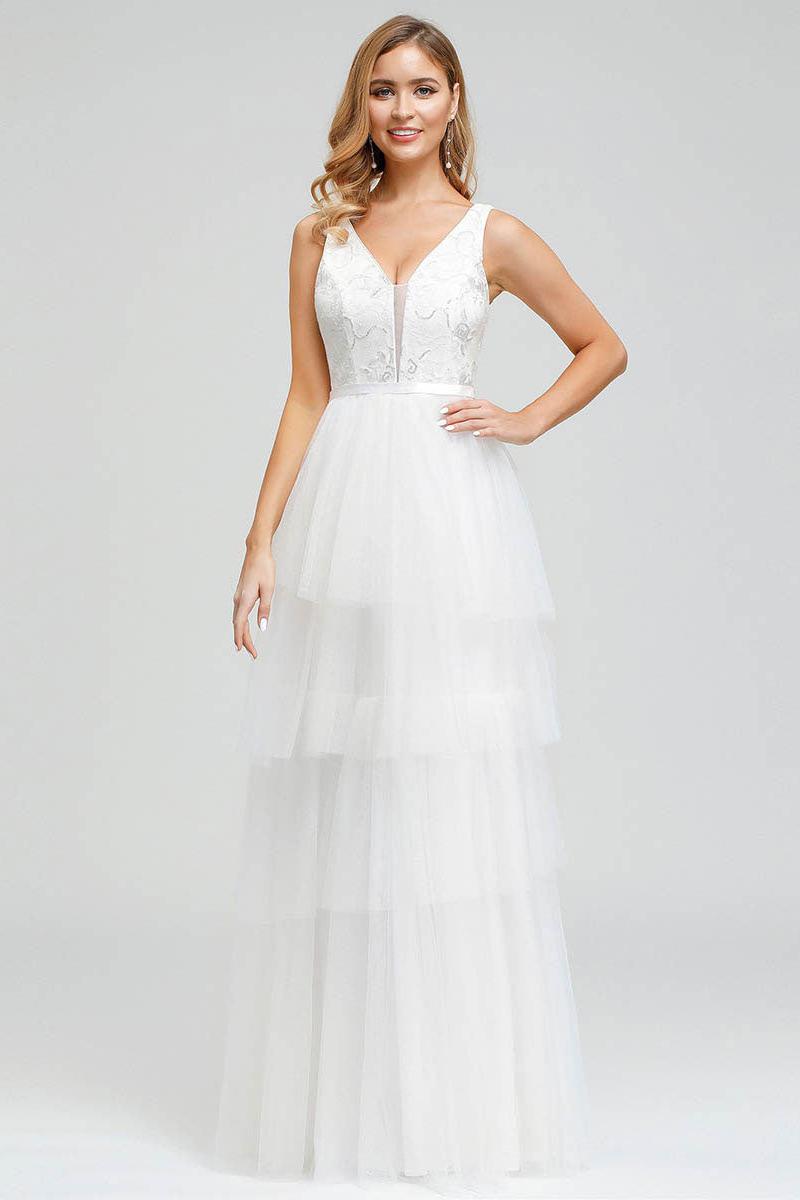 Wedding Dress A-line Chic V-Neck Sleeveless Multilayer Tulle Cake Dress Bridal Gown-Dbrbridal