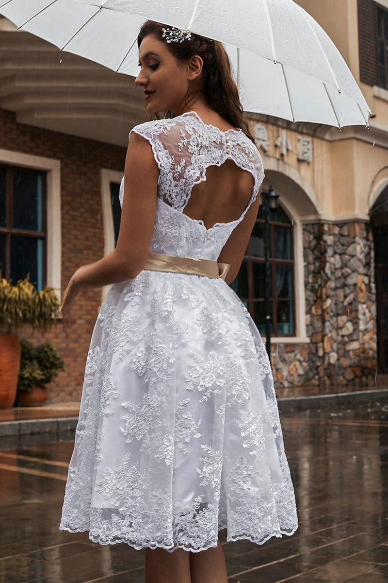 Wedding Dress Ecru White Knee Length A-line Sleeveless Lace V-Neck Midi Bridal Gowns Dbrbridal Wedding Dress Ecru White Knee Length A-line Sleeveless Lace V-Neck Midi Bridal Gowns Dbrbridal
