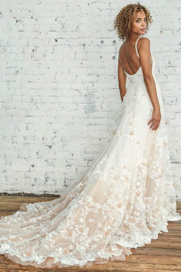 Wedding Dress With Train A-line Sleeveless Square Neck Lace Bridal Gowns-Dbrbridal