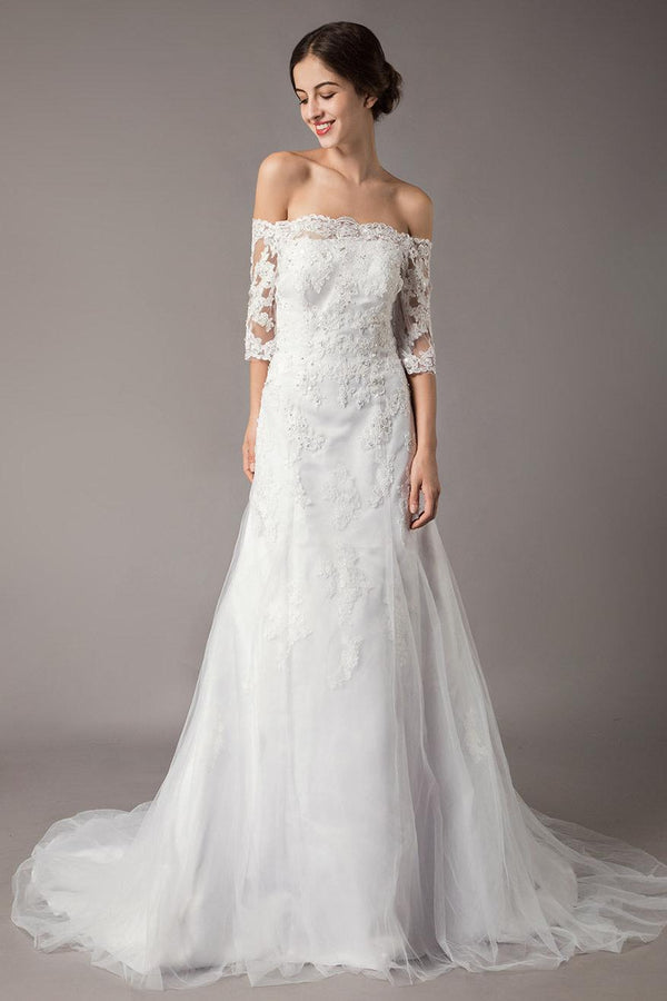 Wedding Dresses Ivory Lace Off Shoulder Half Sleeve Sequin Applique Bridal Dress With Train Exclusive-Dbrbridal