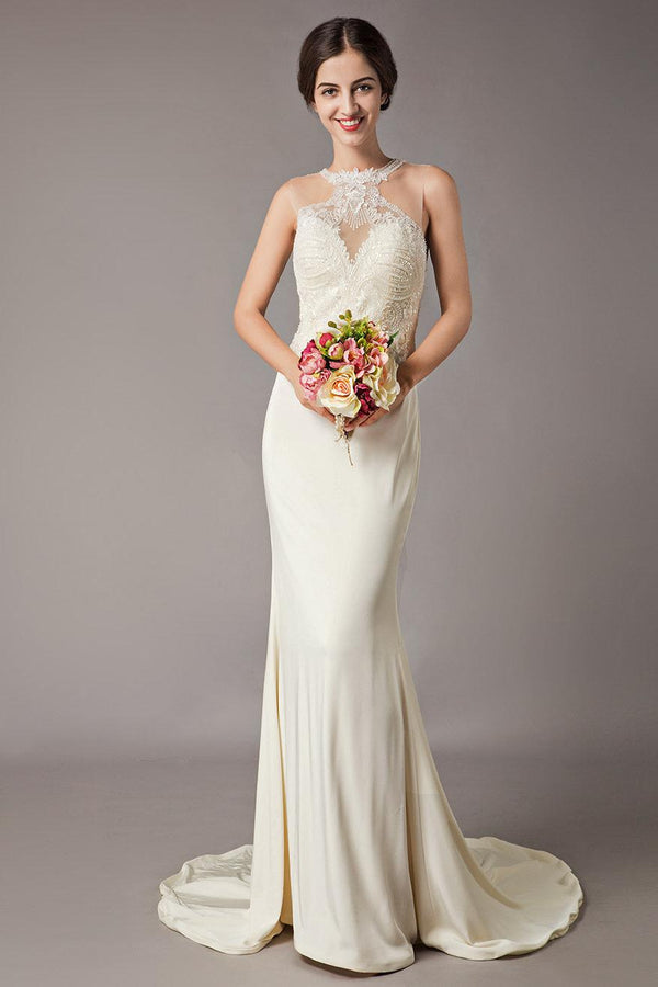 Wedding Dresses Ivory Lace Sleeveless Illusion Column Column Bridal Gowns With Train-Dbrbridal