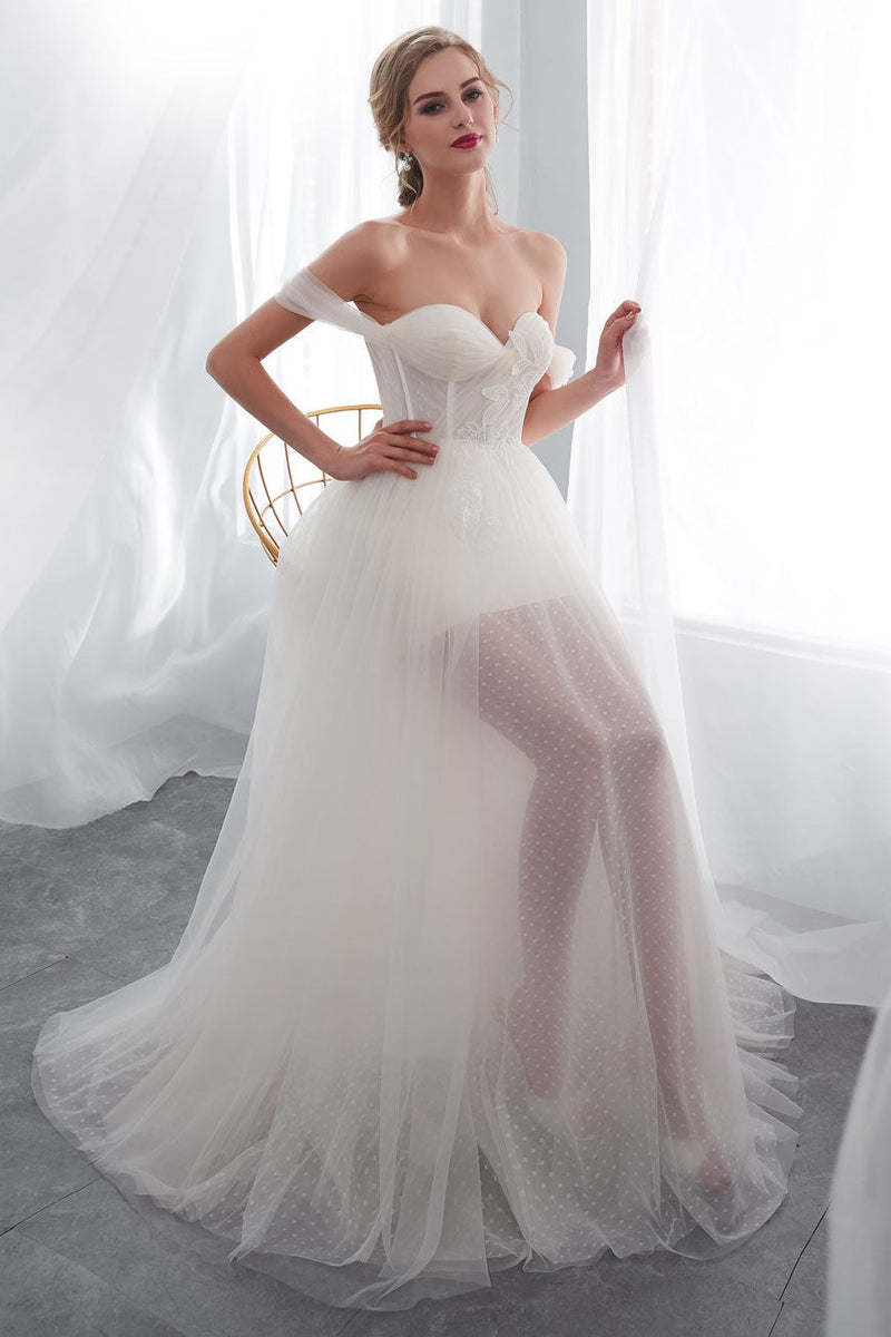 Wedding Dresses Tulle Ivory Off The Shoulder Sweetheart Beach Bridal Dress With Train-Dbrbridal