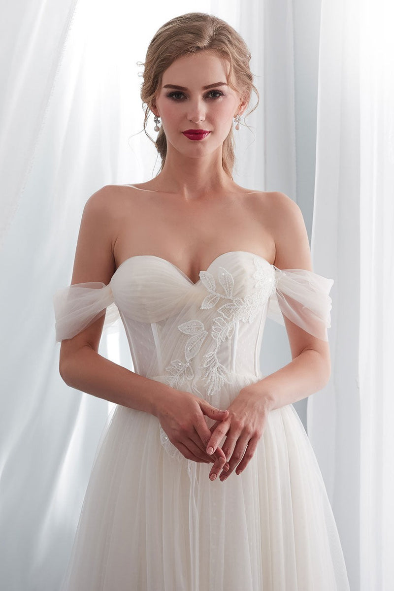 Wedding Dresses Tulle Ivory Off The Shoulder Sweetheart Beach Bridal Dress With Train-Dbrbridal