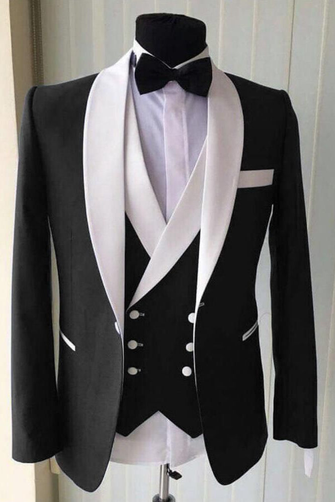 Wedding Groom White Lapel Shawl Lapel Gorgeous 3 Piece Black Men's Suit for Formal-Dbrbridal