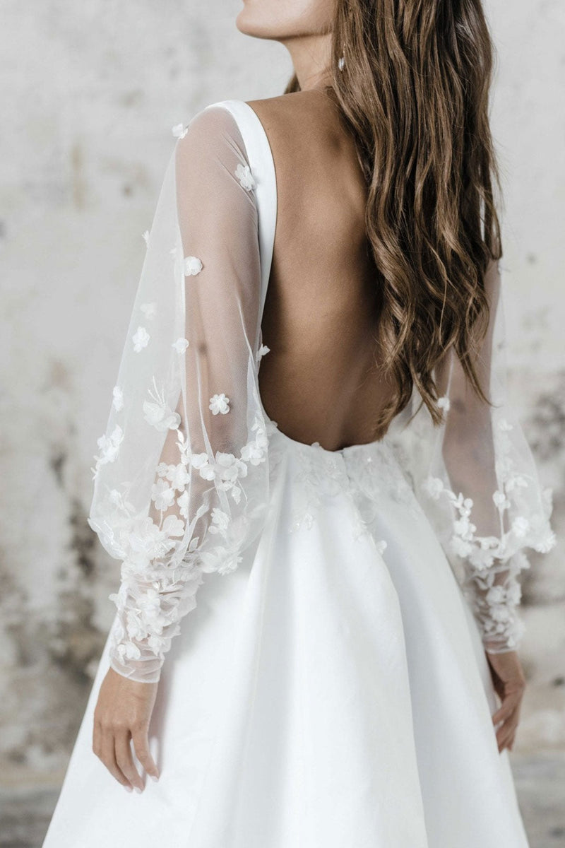 White Casual Wedding Dress A-Line Square Neck Long Sleeves Backless Applique Cut-Outs Split Front Long Bridal Gowns Dbrbridal White Casual Wedding Dress A-Line Square Neck Long Sleeves Backless Applique Cut-Outs Split Front Long Bridal Gowns Dbrbridal