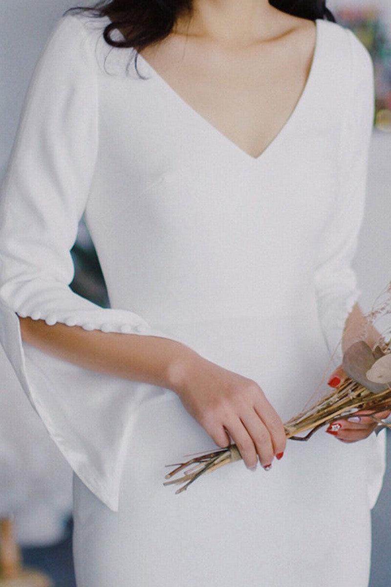 White Casual Wedding Dress Satin Fabric V-Neck Long Sleeves Buttons