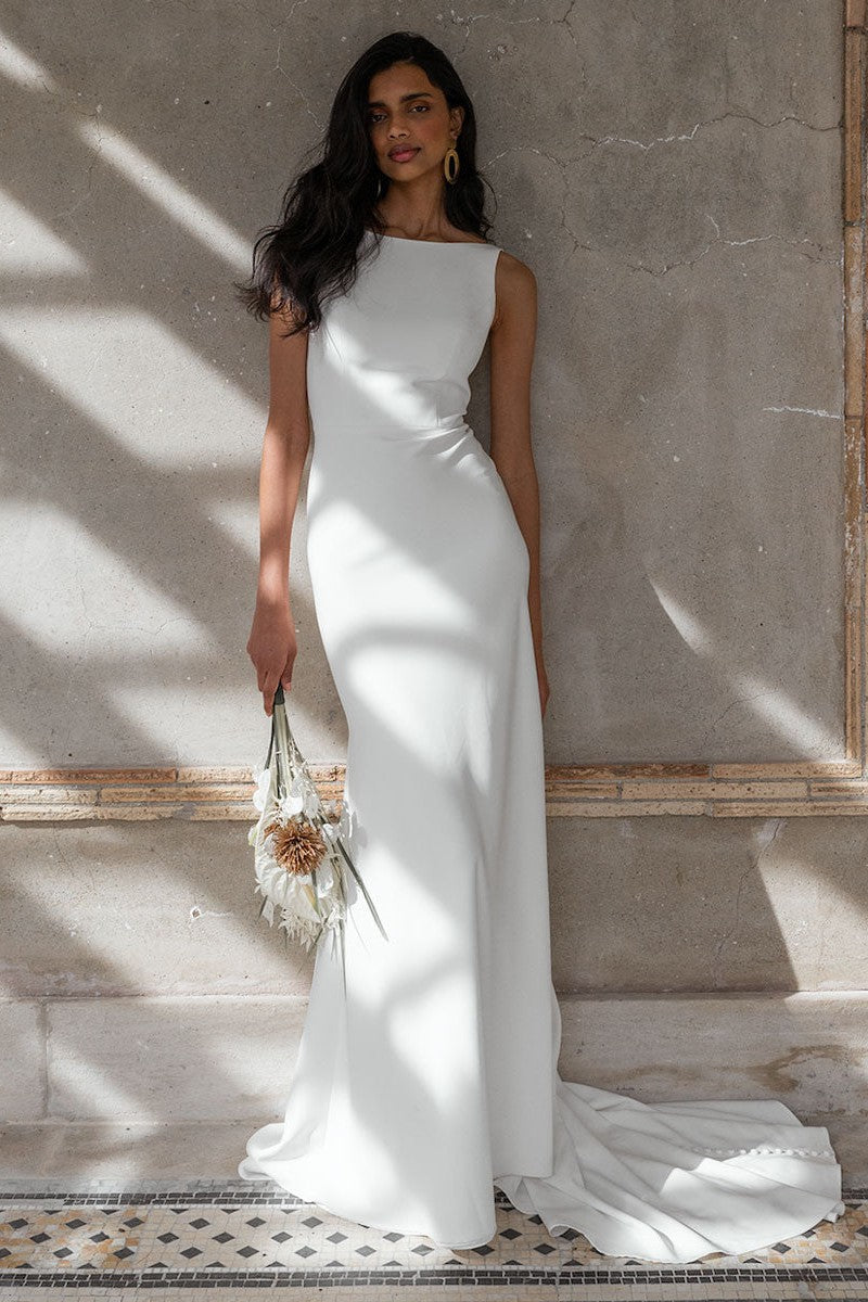 White Casual Wedding Dress With Train Bateau Neck Sleeveless Backless Satin Fabric Mermaid Bridal Gowns – Dbrbridal