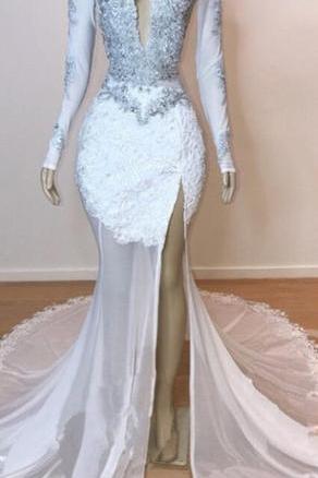 White Glamorous Lace Long Sleeves Prom Dresses Sheer Tulle Slit Mermaid Evening Gowns-Dbrbridal