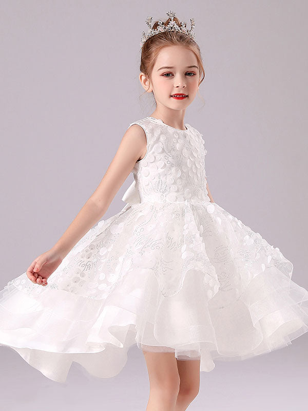 White Jewel Neck Sleeveless Bows Formal Kids Pageant flower girl dresses-Dbrbridal
