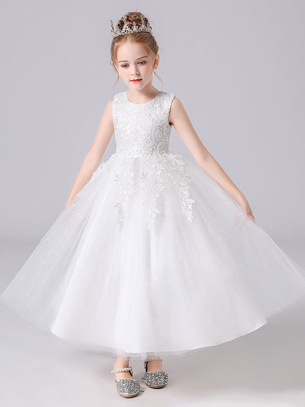 White Jewel Neck Sleeveless Bows Kids Party Dresses Princess Dress-Dbrbridal