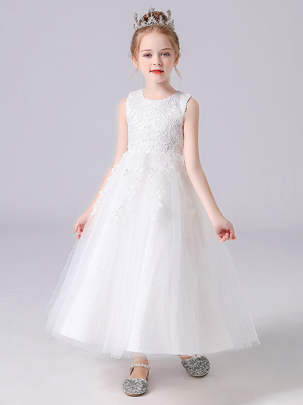 White Jewel Neck Sleeveless Bows Kids Party Dresses Princess Dress-Dbrbridal