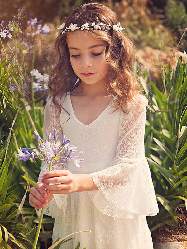 White Lace Flare Sleeve Sash A-line V Neck Ankle Length Boho flower girl dress-Dbrbridal